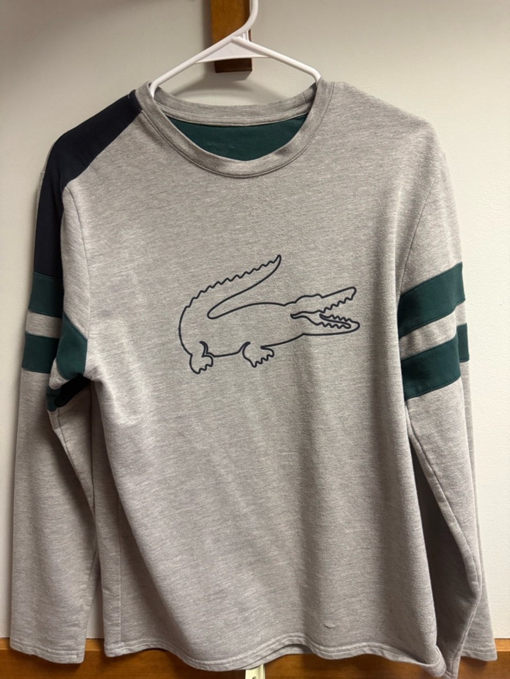 Lacoste Light Gray Long-Sleeve Crewneck with Dark Green Accents